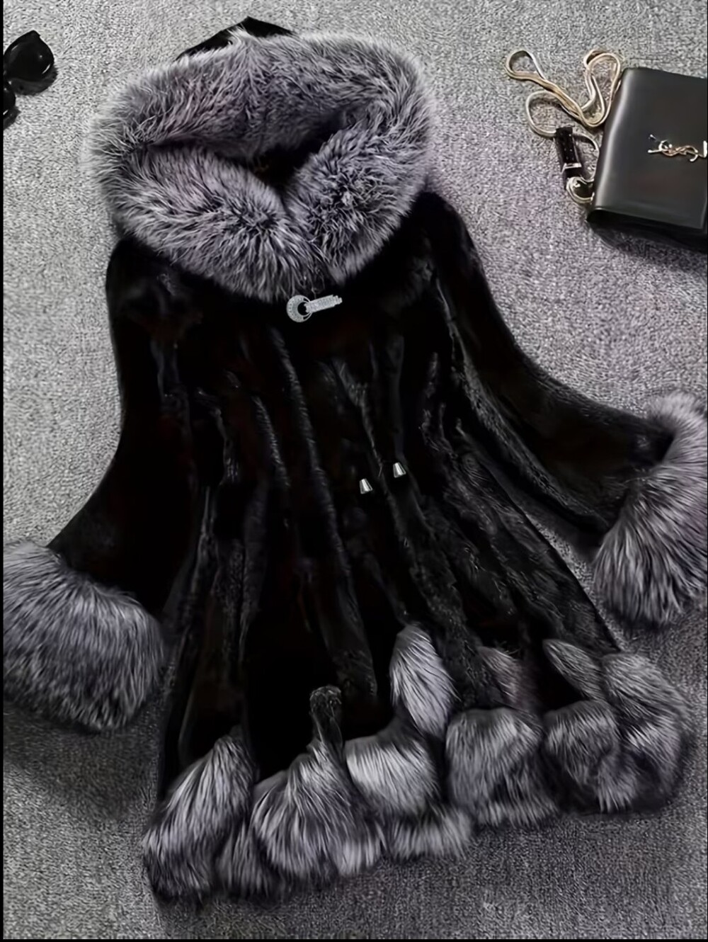 Women Casual Faux Mink Fur Coat With Fox Fur Collar Knitted Polye…